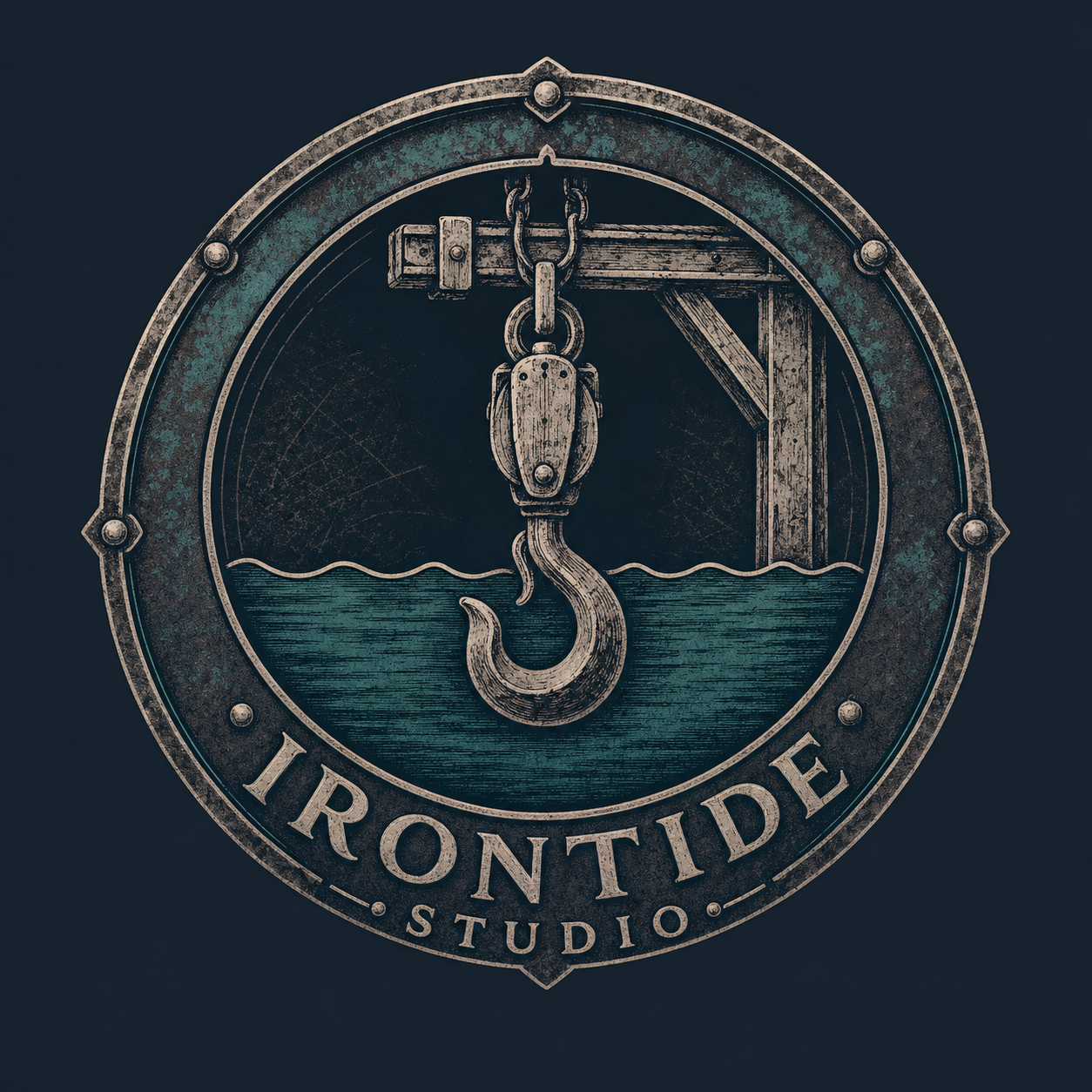 Irontide Studio harbor seal with crane hook and tide water.