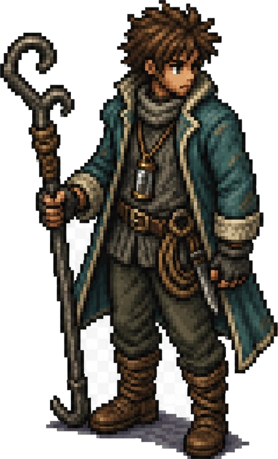 Early character concept of Corin Weir, a coastal-fantasy companion in a sea-teal coat holding a hooked staff.