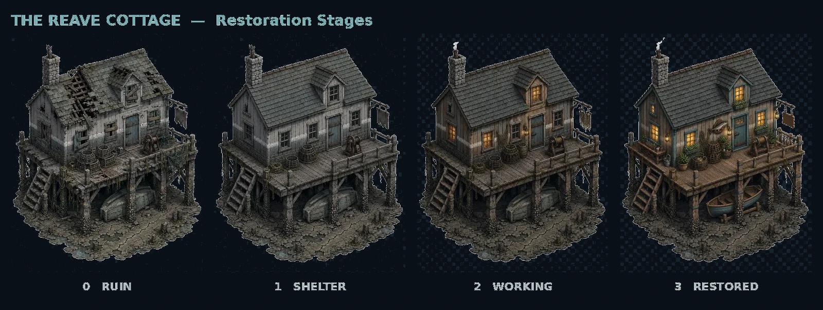 Tideforge development concept showing cottage restoration stages.