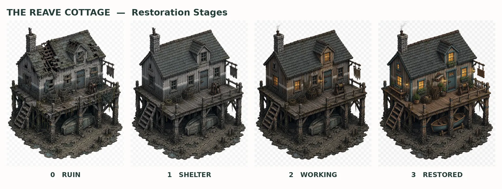 Tideforge development concept showing cottage restoration stages.