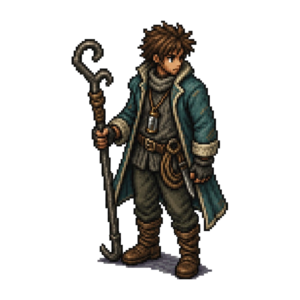 Corin, the Tideforge hero, wearing a sea-teal coat and carrying a hooked staff.