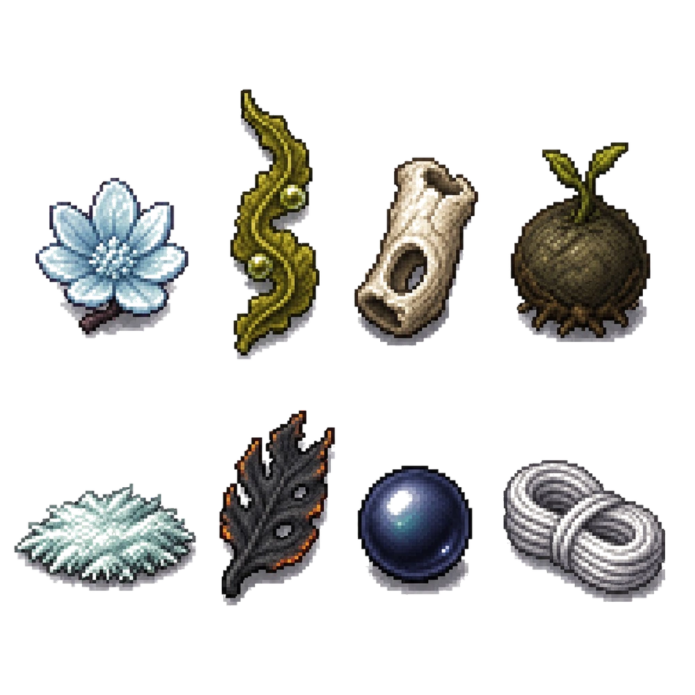 Tideforge development concept of reagent and item icons.