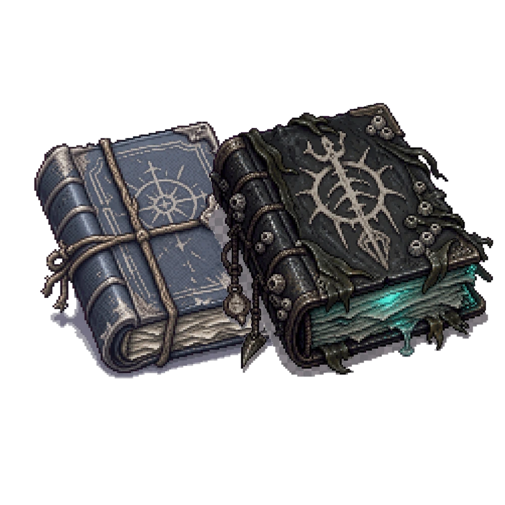 Tideforge spell book and grimoire relic concepts with sea-worn bindings and tide-glow details.