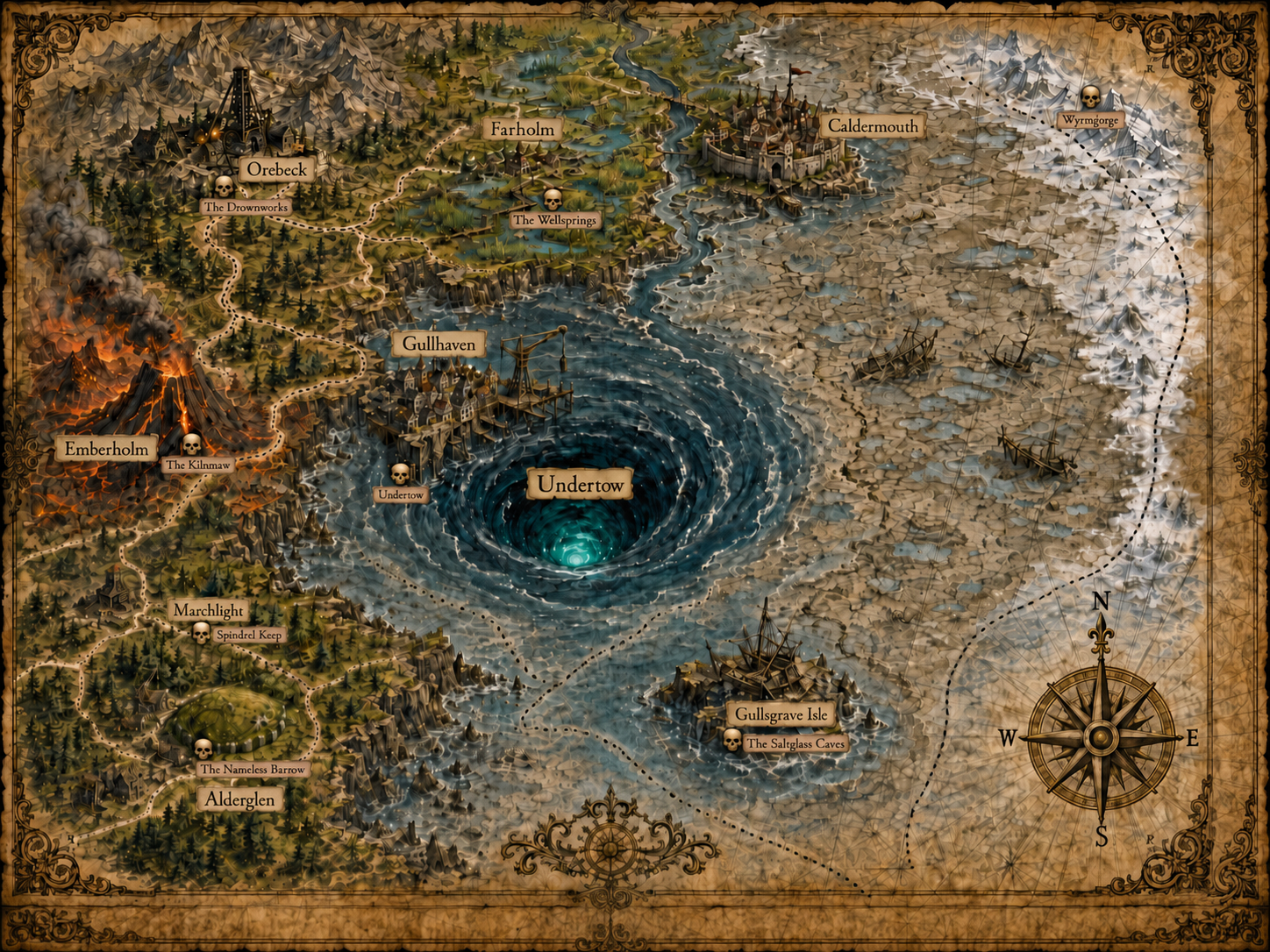 Concept map for Tideforge showing a coastal fantasy overworld.